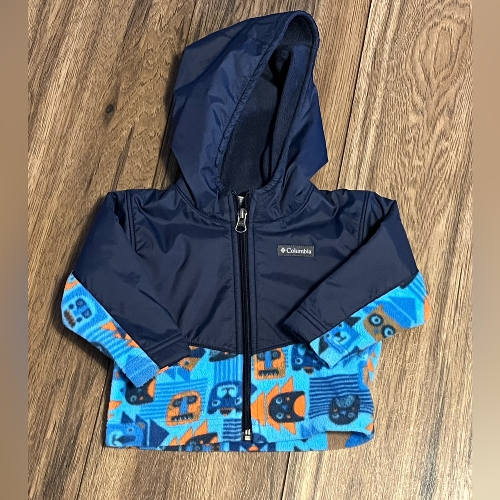 Columbia Boy’s Navy and Blue Cat Pattern Baby Fleece Hooded Jacket, 6-12 months